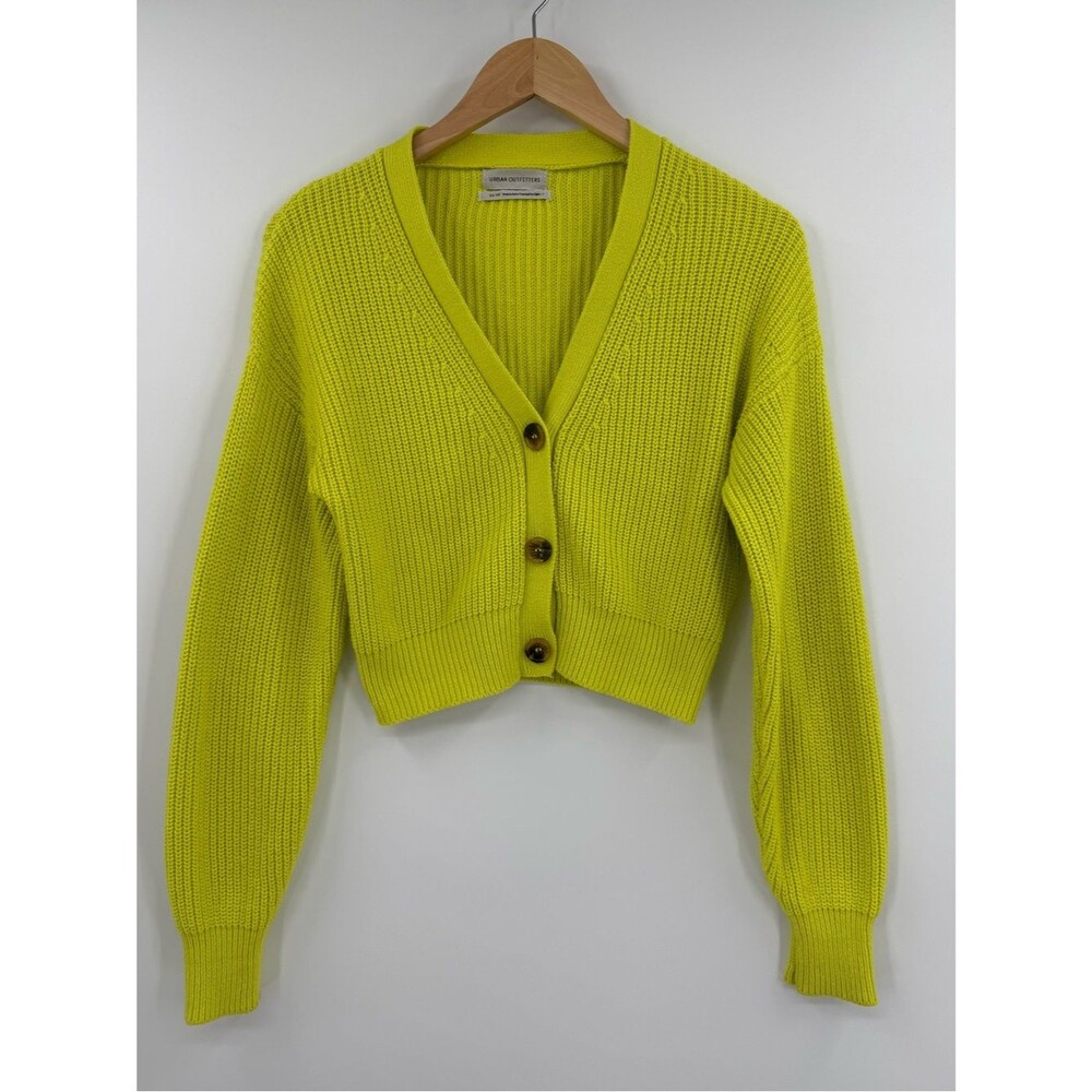 Urban Outfitters Kai Cropped Ribbed V Neck Cardigan | Neon Yellow | XS